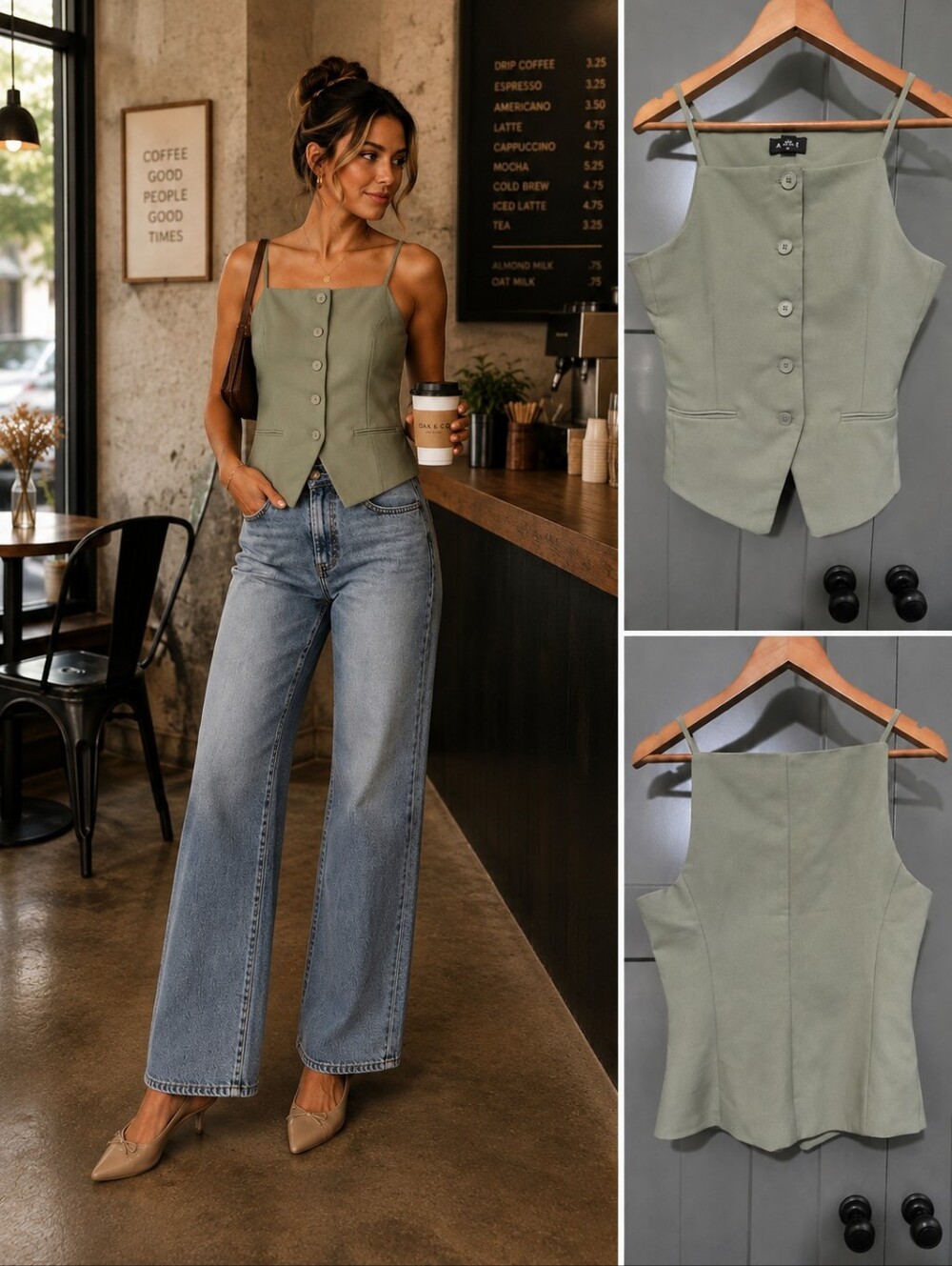 A. Byer Sage Olive Green Button-Front Vest – Size M